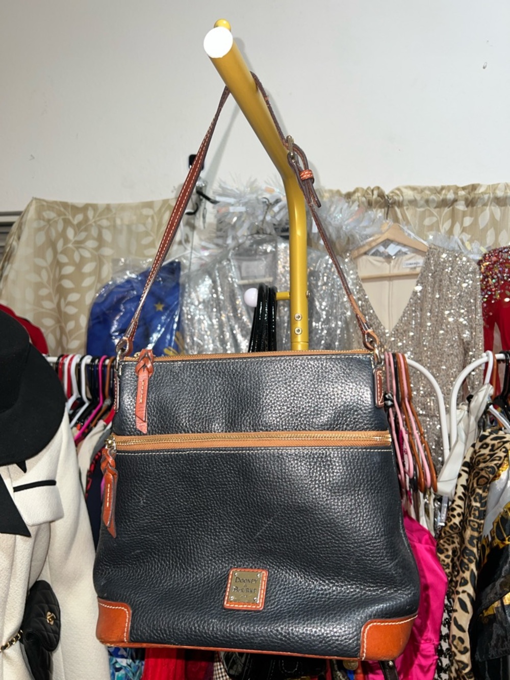 Dooney & Bourke Black Leather Shoulder Bag with Brown Trim